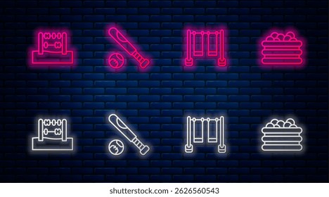 Set line Baseball bat with ball, Double swing, Abacus and Pool balls. Glowing neon icon on brick wall. Vector