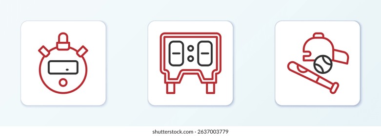 Set line Baseball bat with ball, hat, Stopwatch and mechanical scoreboard icon. Vector