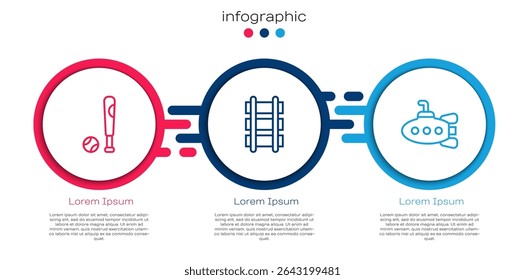 Set line Baseball bat with ball, Toy railway and Submarine toy. Business infographic template. Vector