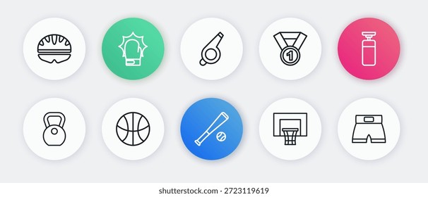 Set Linie Baseballschläger mit Ball, Boxsack, Gewicht, Basketball-Rückwand, Medaille, Pfeife, Boxen kurz und Symbol. Vektorgrafik