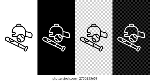 Fije el bate de béisbol de la línea con la bola, icono del sombrero aislado en blanco y negro, fondo transparente.  Vector
