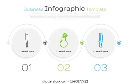 Set line Baseball bat, Bomb ready to explode and Military knife. Business infographic template. Vector
