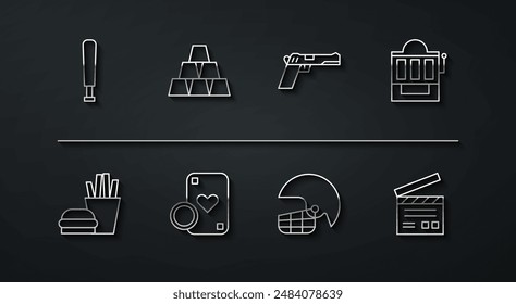Juego de línea Bate de béisbol, hamburguesa y papas fritas, máquina tragamonedas, casco de fútbol americano, fichas de casino, barras de oro, clapper de película y pistola o icono de arma. Vector