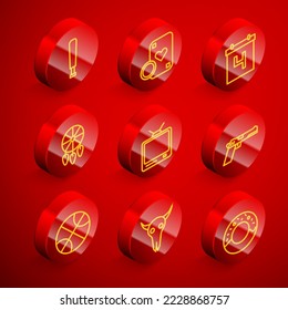 Set Linie Baseball Fledermaus, Casino-Chip und Spielkarten, Kalender mit Datum 4. Juli, Dream Catcher Federn, Retro TV, Pistol oder Pistole, Basketball und Buffalo Schädel Symbol. Vektorgrafik