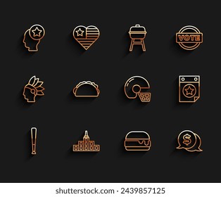 Set line Baseball bat, City landscape, USA Head, Burger, Coin money with dollar, Taco tortilla, Calendar date July 4 and American football helmet icon. Vector