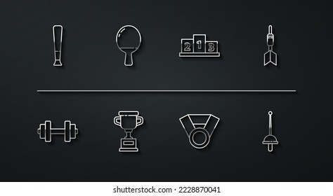 Set line Baseball bat, Dumbbell, Dart arrow, Medal, Award cup, Racket for playing table tennis, Fencing and over sports winner podium icon. Vector