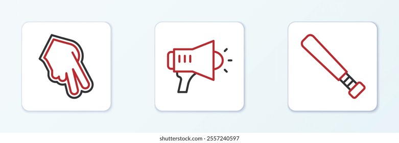 Set line Baseball bat, glove and Megaphone icon. Vector