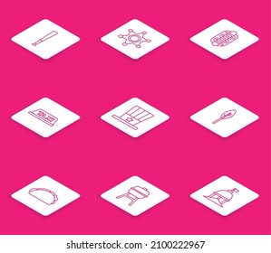 Set line Baseball bat, Hexagram sheriff, Hotdog sandwich, Taxi car roof, Patriotic American top hat, Indian feather, Taco with tortilla and Barbecue grill icon. Vector