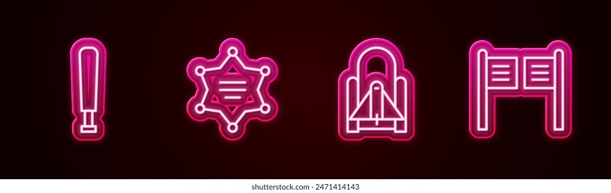 Set line Baseball bat, Hexagram sheriff, Rocket launch from the spaceport and Saloon door. Glowing neon icon. Vector