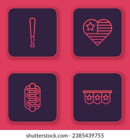 Set line Baseball bat, Hotdog sandwich, USA Independence day and Carnival garland with flags. Blue square button. Vector