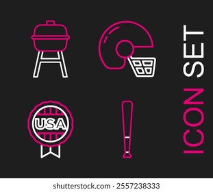 Set line Baseball bat, Medal with star, American football helmet and Barbecue grill icon. Vector