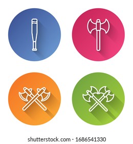 Línea de bateo de béisbol, eje medieval, hachas medievales cruzadas y hachas medievales cruzadas. Botón de círculo de color. Vector