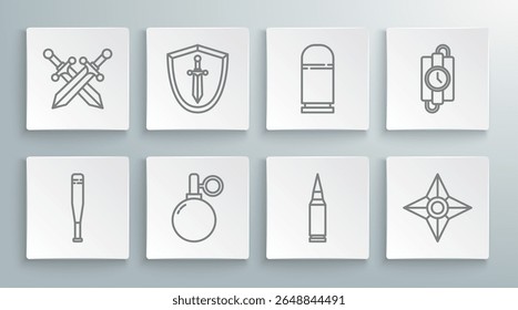 Bate de béisbol, escudo medieval con espada, granada de mano, bala, shuriken ninja japonés, cartuchos, reloj temporizador de palo de dinamita e icono medieval cruzado. Vector