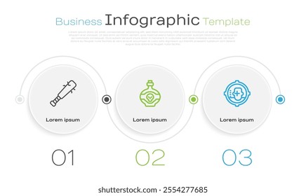 Set line Baseball bat with nails, Poison in bottle and Headshot. Business infographic template. Vector