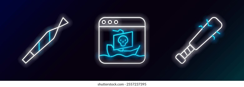 Set line Baseball bat with nails, Marijuana joint and Internet piracy icon. Glowing neon. Vector