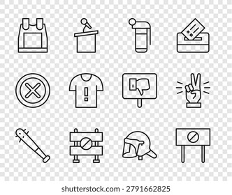 Set line Baseball bat with nails, Protest, Hand grenade, Road barrier, Bulletproof vest, T-shirt protest, Police helmet and showing two finger icon. Vector