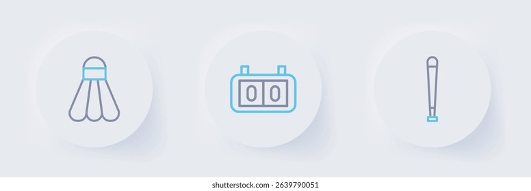 Set line Baseball bat, Sport mechanical scoreboard and Badminton shuttlecock icon. Vector