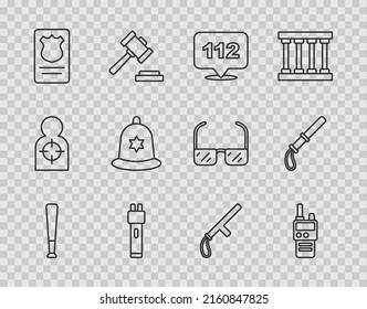 Set line Baseball bat, Walkie talkie, Telephone call 112, Police electric shocker, badge with id case, British police helmet, rubber baton and  icon. Vector