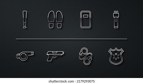 Set line Baseball bat, Whistle, Police electric shocker, Handcuffs, Pistol or gun, Footsteps, badge and assault shield icon. Vector