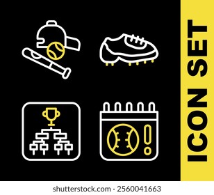 Set line Baseball boot, Calendar with baseball game, Championship tournament bracket and bat ball, hat icon. Vector
