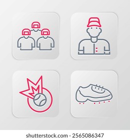 Set line Baseball boot, player and Team of baseball players icon. Vector