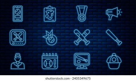 Set line Baseball cap, bat, Medal with baseball, Monitor game, Mobile, Crossed and Planning strategy icon. Vector