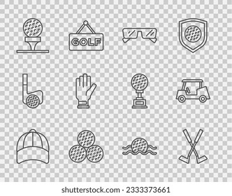Set line Baseball cap, Crossed golf club, Glasses, Golf, on tee, glove, in water and car icon. Vector