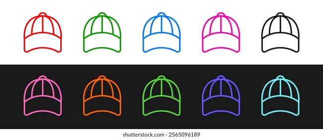 Set line Baseball cap icon isolated on black and white background. Sport equipment. Sports uniform.  Vector