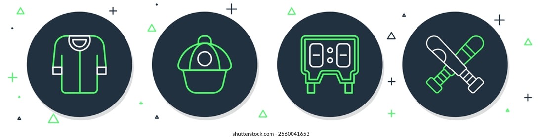 Set line Baseball cap, mechanical scoreboard, t-shirt and Crossed baseball bat icon. Vector