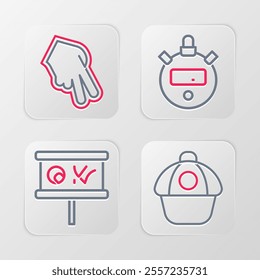 Set line Baseball cap, Planning strategy, Stopwatch and glove icon. Vector