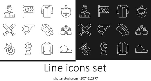 Fijar la línea gorra de béisbol, Equipo de jugadores de béisbol, camiseta, Silbato, murciélago cruzado, sandwich de Hotdog y Bandera con ícono. Vector