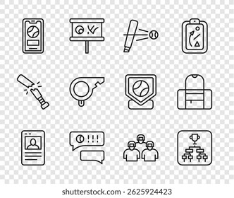 Set line Baseball card, Championship tournament bracket, bat with, Speech bubble chat baseball, Mobile, Whistle, Team of players and Sport bag icon. Vector
