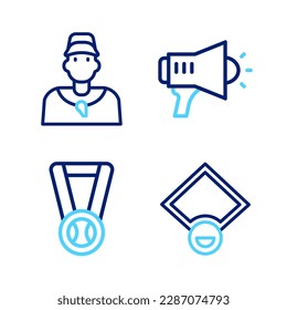 Set line Baseball field, Medal with baseball, Megaphone and coach icon. Vector