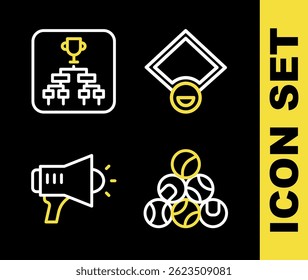 Set line Baseball field, Megaphone and Championship tournament bracket icon. Vector