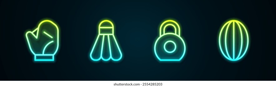 Set line Baseball glove, Badminton shuttlecock, Kettlebell and Rugby. Glowing neon icon. Vector