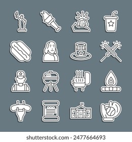 Set line Baseball glove with ball, Campfire, Sparkler firework, Statue of Liberty, Benjamin Franklin, Hotdog sandwich,  and Patriotic American top hat icon. Vector