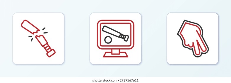 Set line Baseball glove, Broken baseball bat and Monitor with game icon. Vector