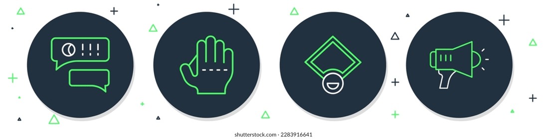 Set line Baseball glove, field, Speech bubble chat baseball and Megaphone icon. Vector