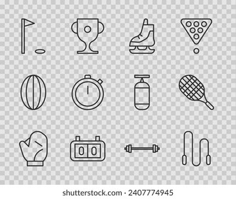 Set line Baseball glove, Jump rope, Skates, Sport mechanical scoreboard, Golf flag, Stopwatch, Barbell and Tennis racket icon. Vector