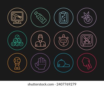 Set line Baseball glove, Monitor with baseball game, Planning strategy, player, Stopwatch and Bottle of water icon. Vector