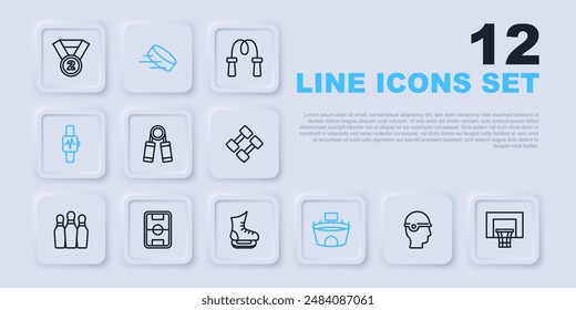 Set line Baseball helmet, Basketball backboard, Sport expander, Stadium, Smart watch with heart, Football field, Hockey puck and Skates icon. Vector