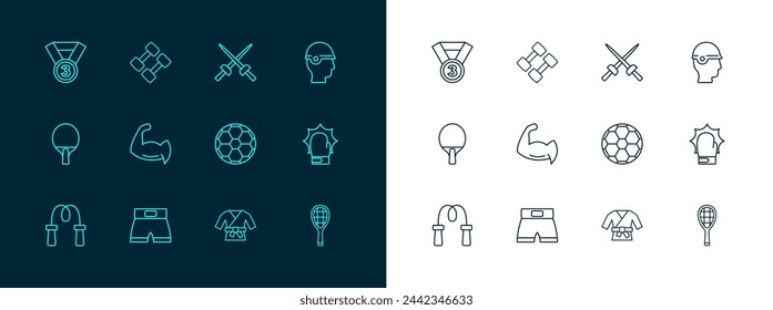 Set line Casco de béisbol, Boxeo corto, Fútbol, Kimono, Bodybuilder mostrando sus músculos, Esgrima, Medalla y Mancuernas icono. Vector