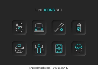Set line Baseball helmet, Football field, Bowling pin, Stadium, Fitness shaker, bat with, Pommel horse and Weight icon. Vector