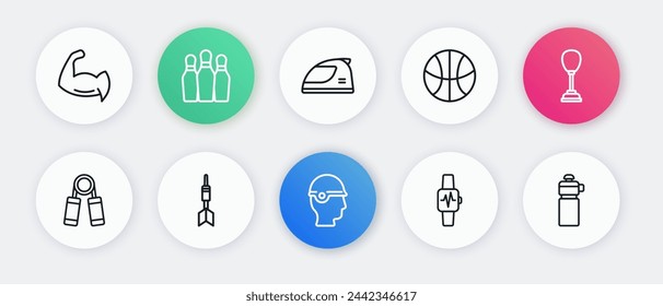Set line Casco de béisbol, bolsa de perforación, expansor deportivo, reloj inteligente con corazón, baloncesto, carreras, agitador de fitness e icono de flecha de dardo. Vector