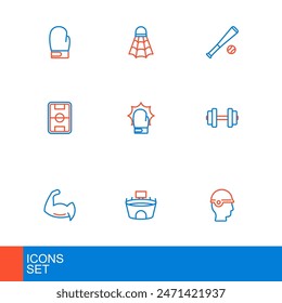 Set line Baseball helmet, Stadium, Bodybuilder showing his muscles, Dumbbell, Football field, Punch boxing gloves, bat with and Badminton shuttlecock icon. Vector
