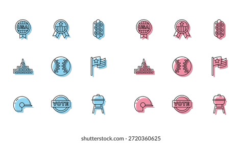 Casco de béisbol, Vota, Medalla con estrella, Parrilla de barbacoa, Bandera americana, Paisaje de la ciudad e icono. Vector