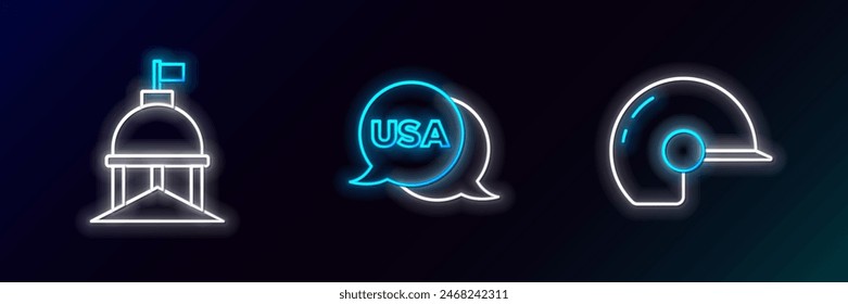 Set line Baseball helmet, White House and USA Independence day icon. Glowing neon. Vector