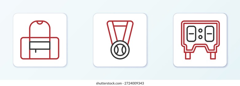 Set line Baseball mechanical scoreboard, Sport bag and Medal with baseball icon. Vector