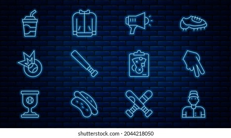 Set line Baseball player, glove, Megaphone, bat, Paper glass with water, Planning strategy and t-shirt icon. Vector