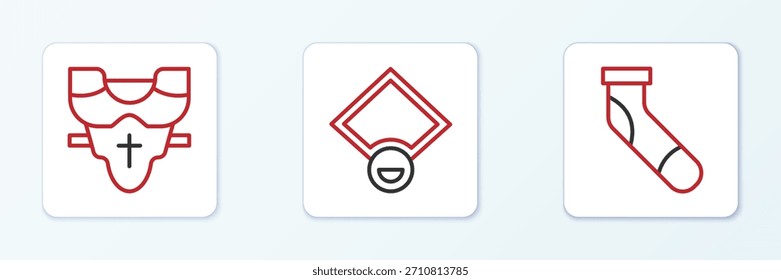 Calcetín de béisbol, protector de pecho del jugador e icono de campo. Vector